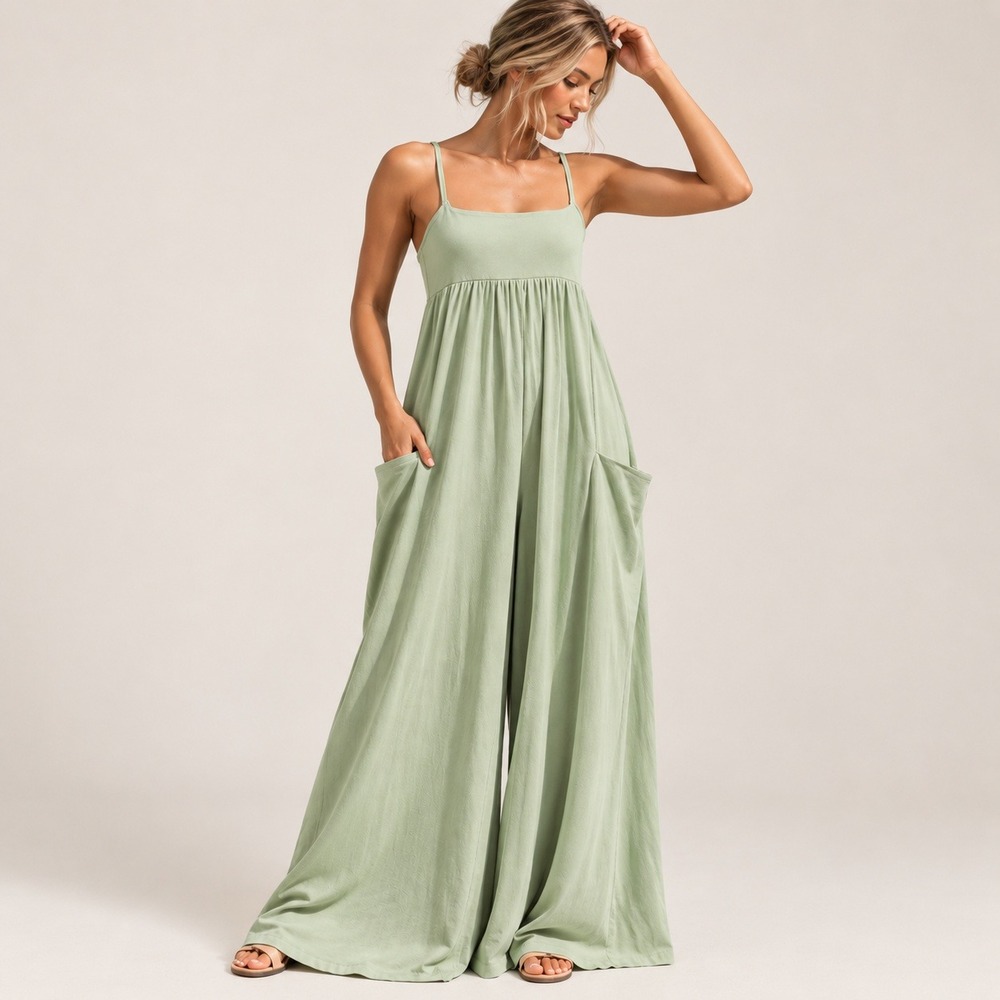Free People Movement Hot Shot Strappy Jumpsuit XS Green Tea Wide Leg Pockets